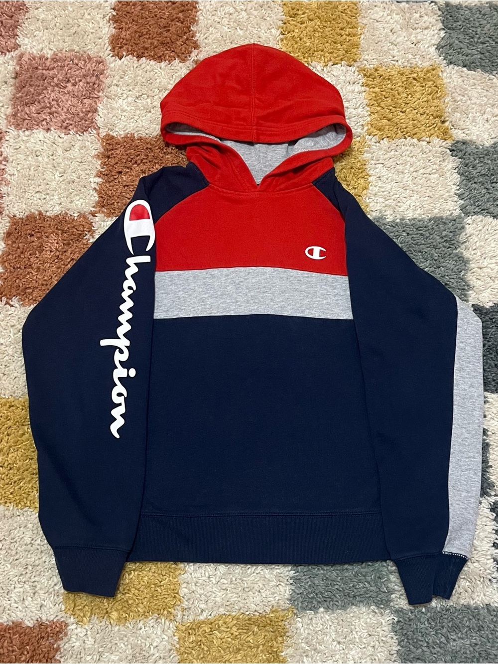 Champion Youth Large Red/Navy/Gray Colorblock Pullover Hoodie